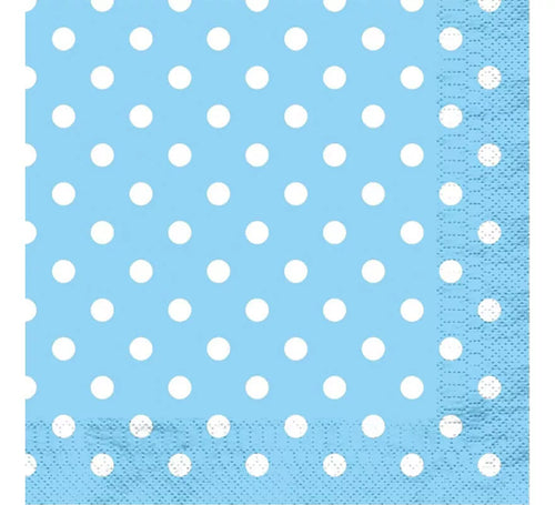 12 Servilletas Celestes con Topos Blancos de 33x33 cm