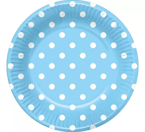 6 Platos Celestes con Topos Blancos de 22 cm