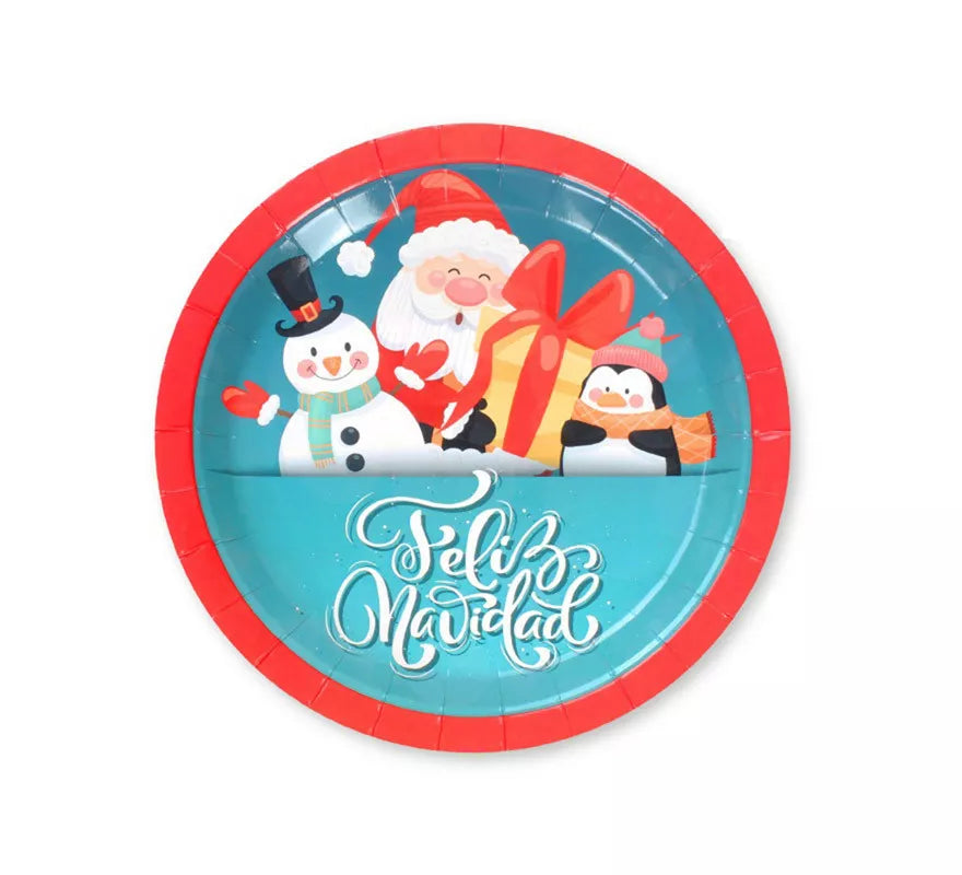 6 Platos de papel de Feliz Navidad Azul y Rojo de 23 cm