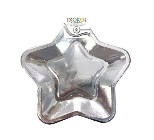 6 Platos de papel Estrella Plateada de 23 cm
