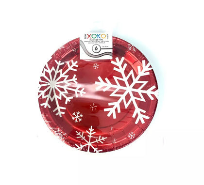 6 Platos de papel Rojo con Copos de Nieve de 18 cm