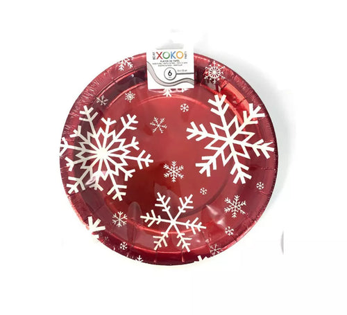 6 Platos de papel Rojo con Copos de Nieve de 23 cm