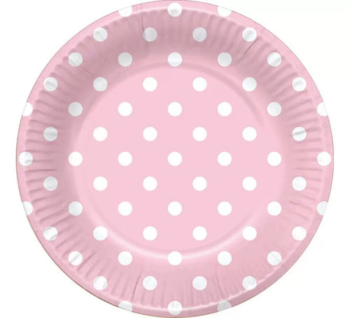 6 Platos Rosas con Topos Blancos 22 cm