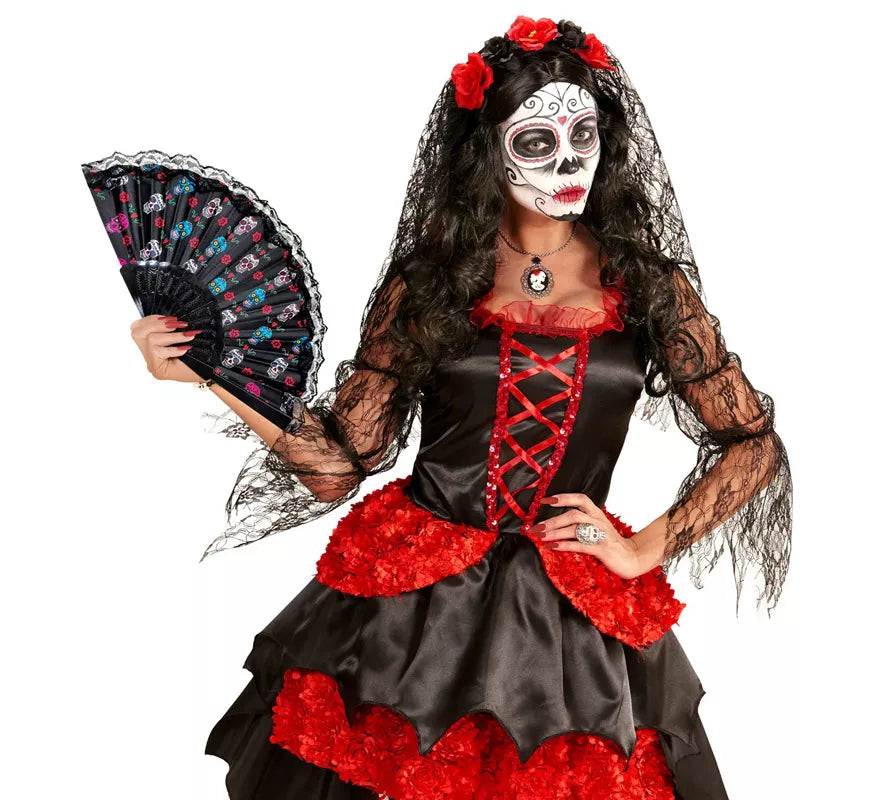 Abanico de Tela Día de Los Muertos Catrina de 23 cm