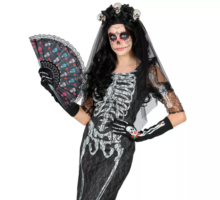 Abanico de Tela Día de Los Muertos Catrina de 23 cm