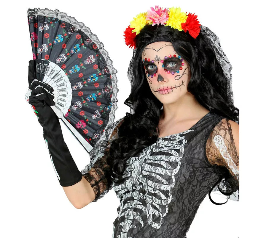 Translation missing: en.Abanico de Tela Día de Los Muertos Catrina de 23 cm