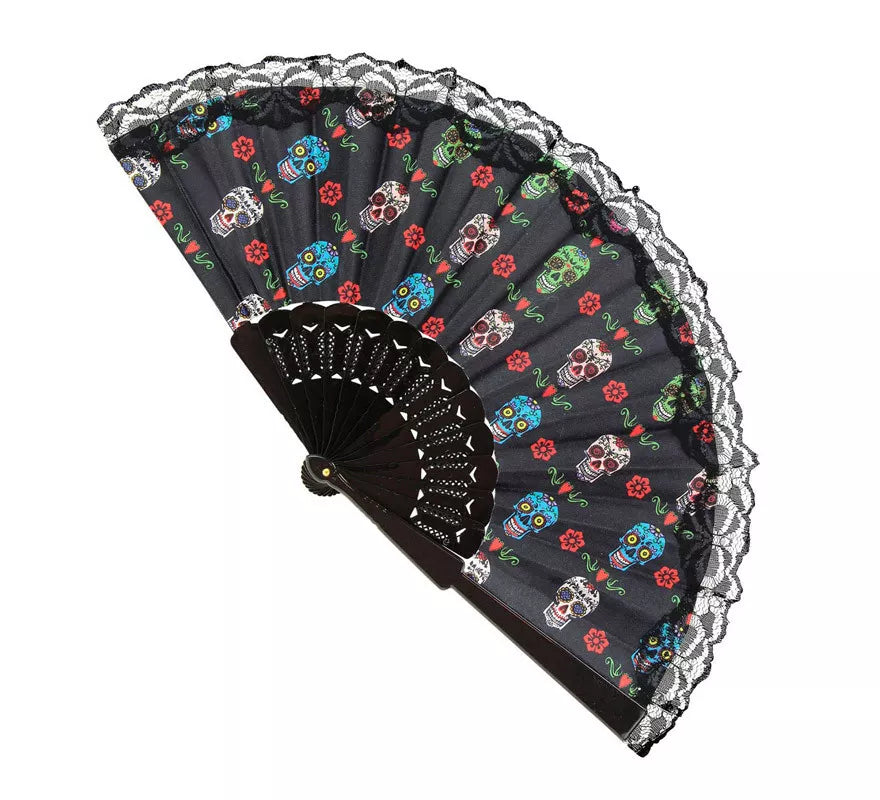 Abanico de Tela Día de Los Muertos Catrina de 23 cm