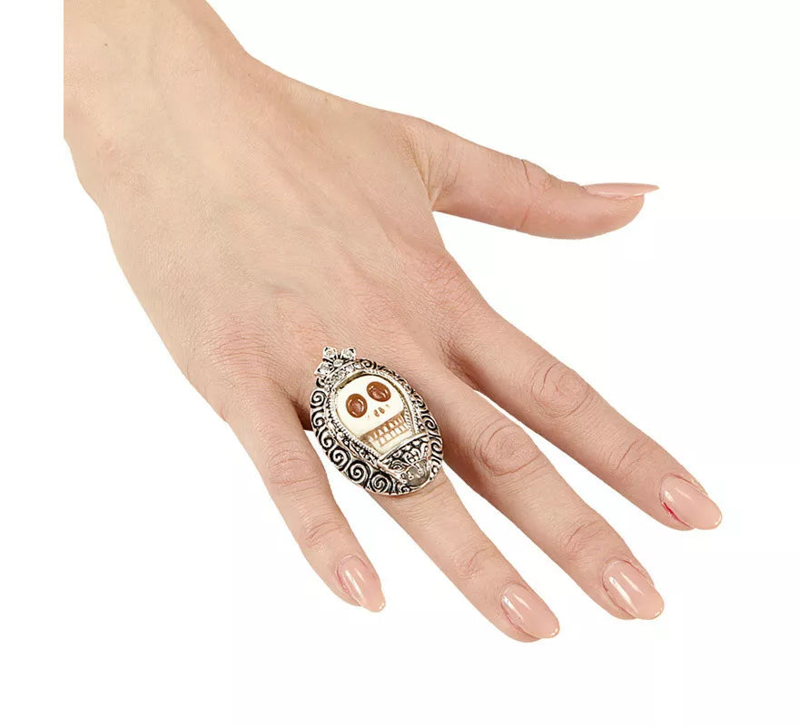 Translation missing: en.Anillo Plateado con Calavera Blanca y Pedrería