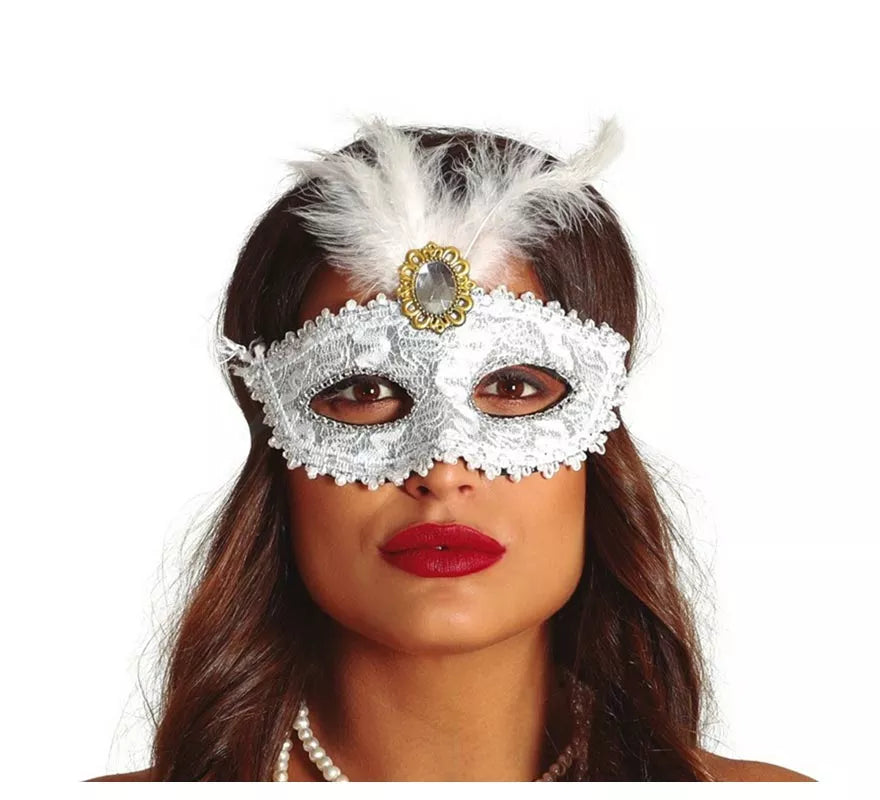 Antifaz Blanco con Pluma