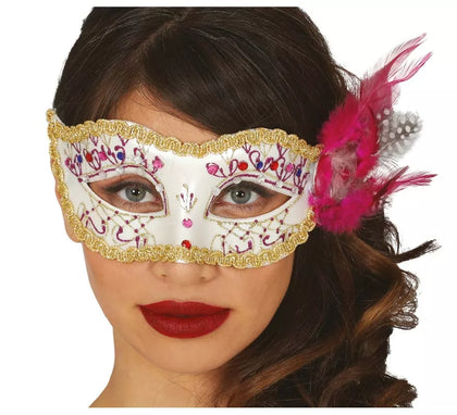 Antifaz Blanco con Pluma Rosa