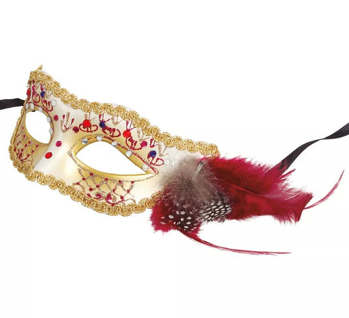 Antifaz Blanco con Pluma Rosa