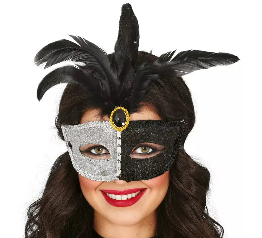 Antifaz blanco y negro con Pluma adulto
