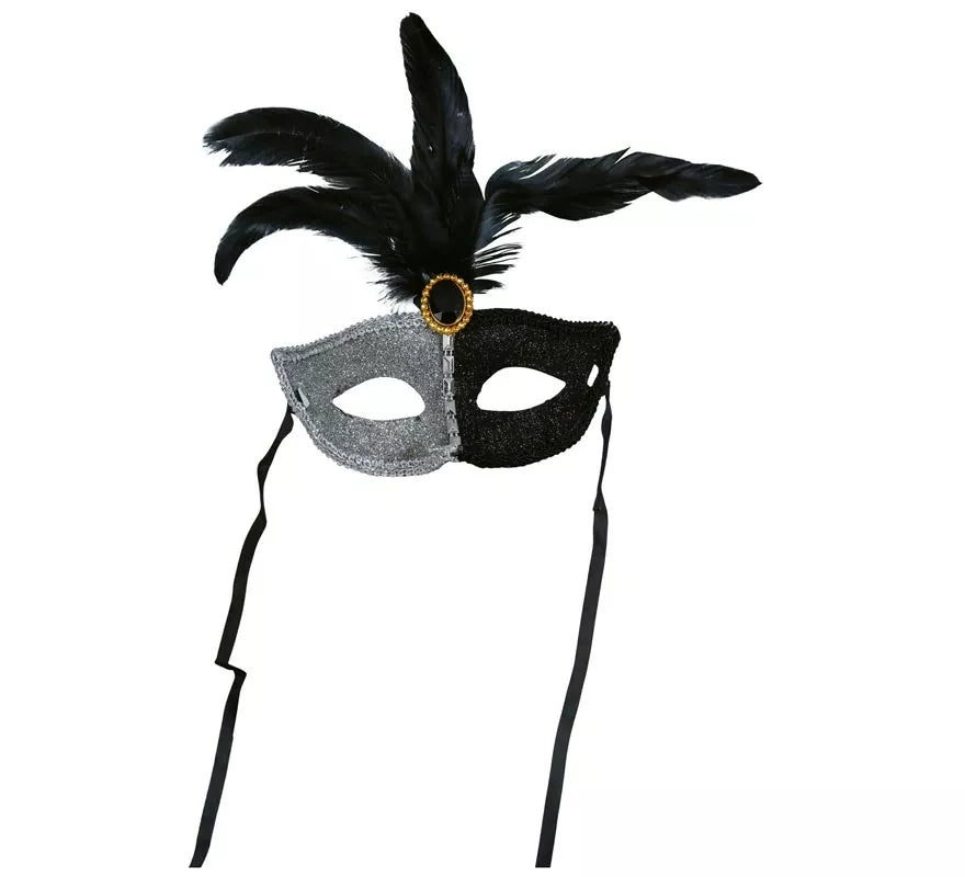 Antifaz blanco y negro con Pluma adulto