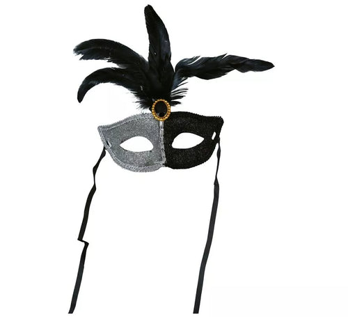Antifaz blanco y negro con Pluma adulto