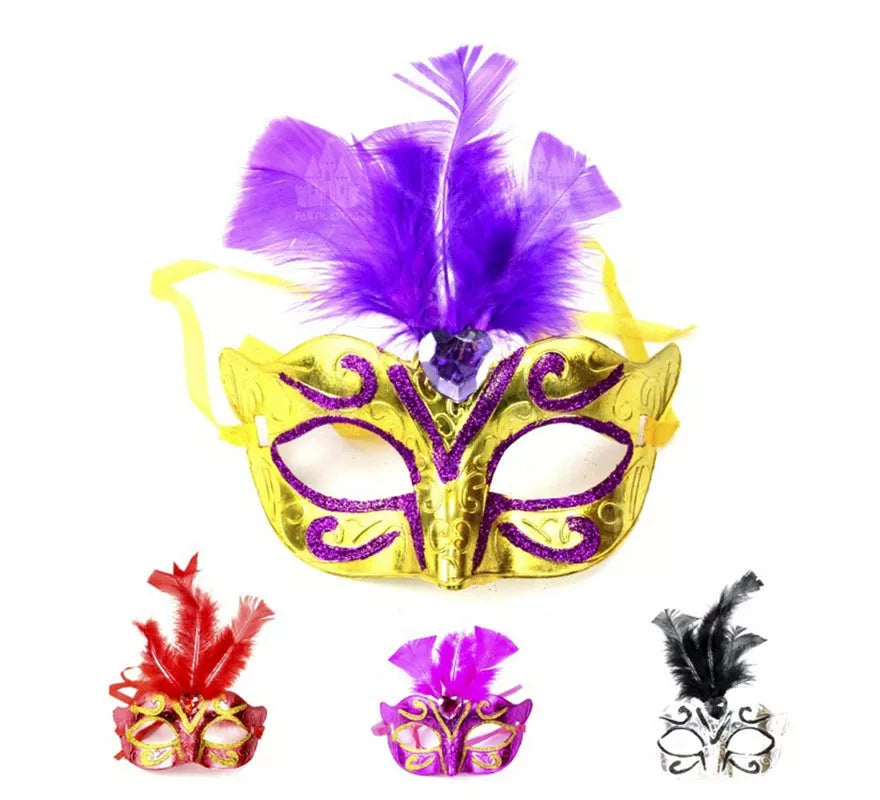 Translation missing: en.Antifaz Carnaval con plumas cortas colores surtidos