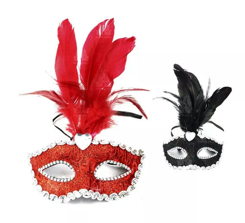 Antifaz Carnaval con plumas y bordes plateados colores surtidos