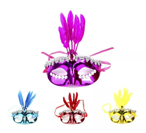 Antifaz Carnaval con plumas y detalles plateados colores surtidos