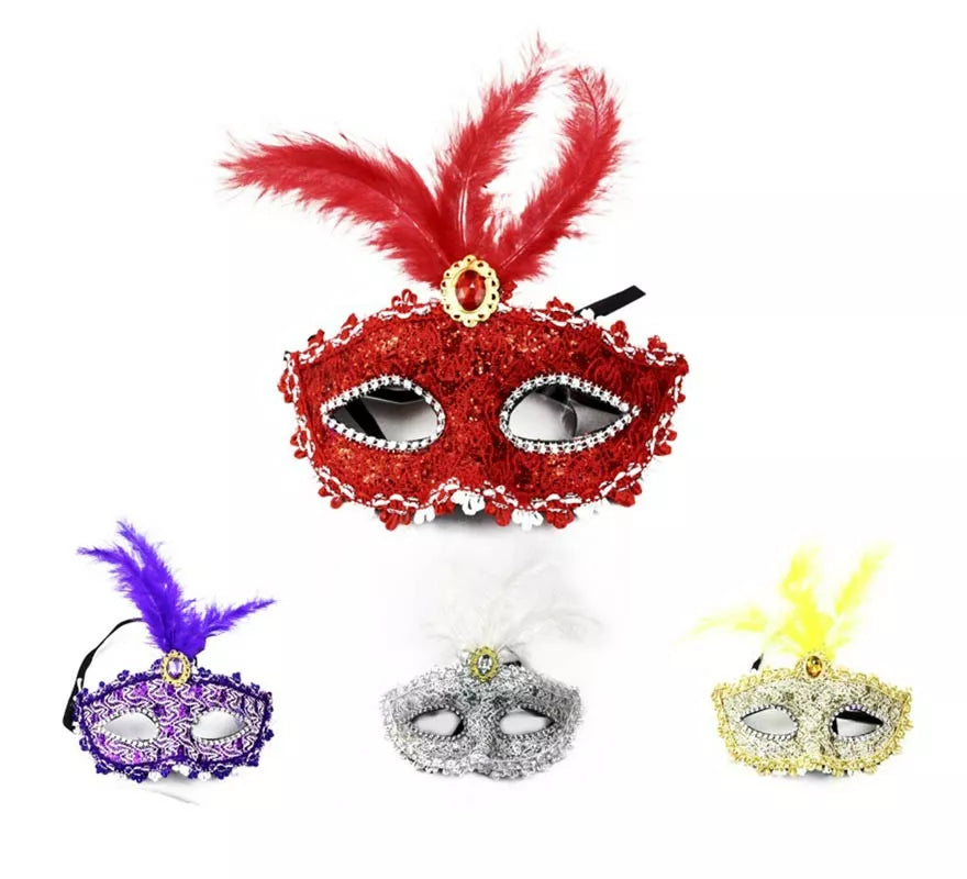 Translation missing: en.Antifaz Carnaval con plumas y gemas colores surtidos