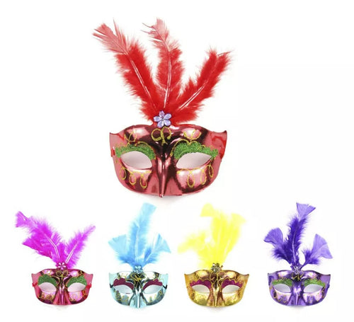 Antifaz Carnaval metalizado con plumas colores surtidos