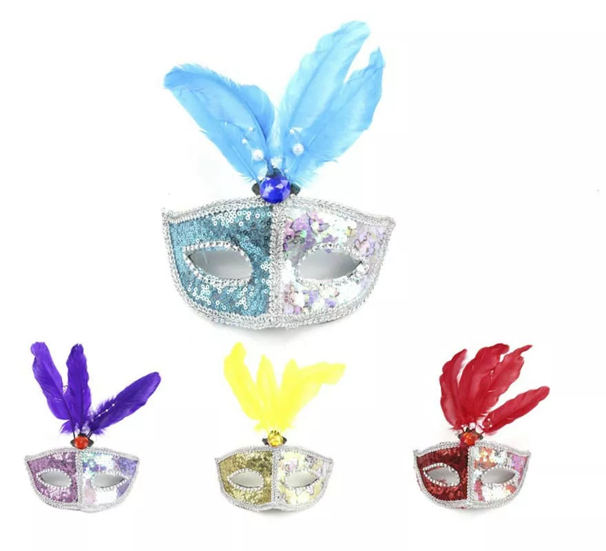 Translation missing: en.Antifaz Carnaval plateado con plumas colores surtidos