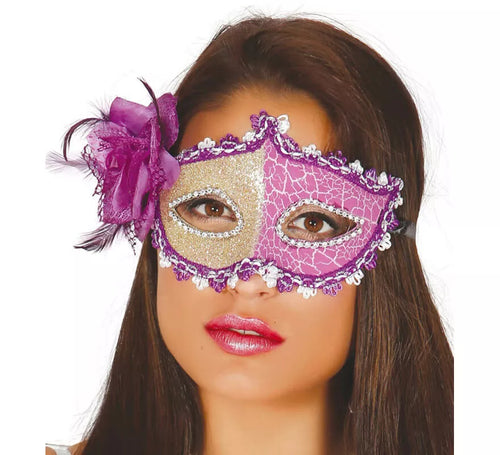 Antifaz color morado con flor rosa