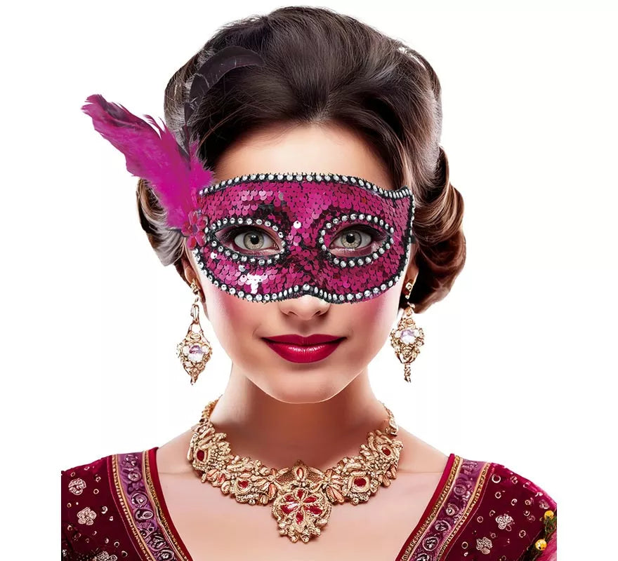 Antifaz con Lentejuelas y Plumas rosa