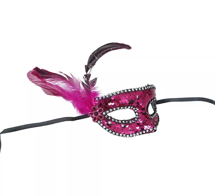 Antifaz con Lentejuelas y Plumas rosa