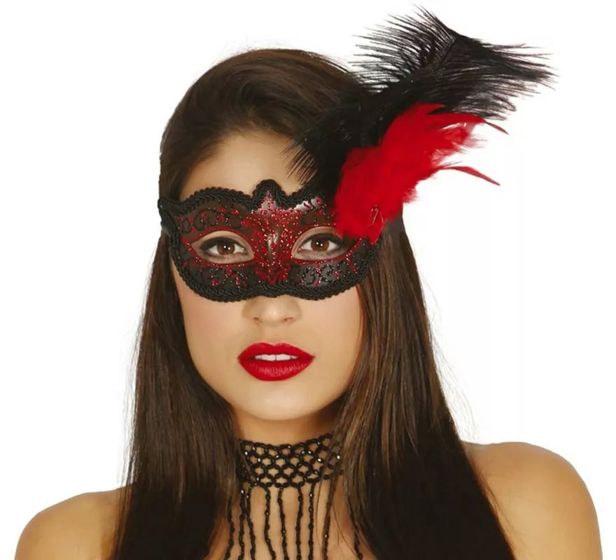 Antifaz con pluma rojo