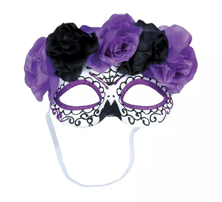 Antifaz de Catrina Flores lila y negras