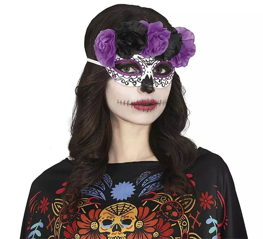 Antifaz de Catrina Flores lila y negras