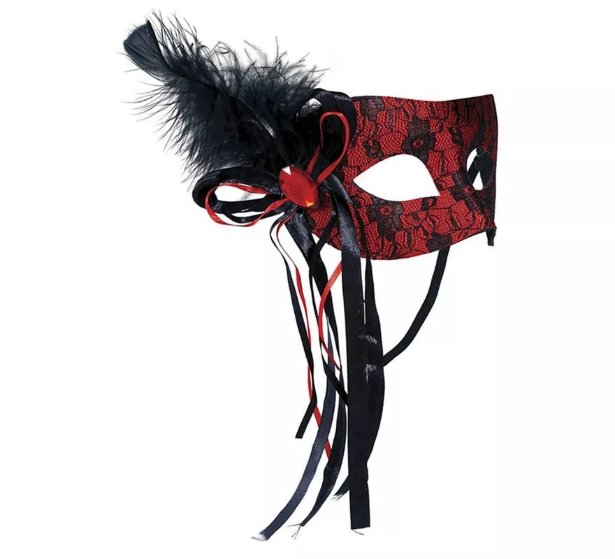 Antifaz de Diablesa rojo con pluma