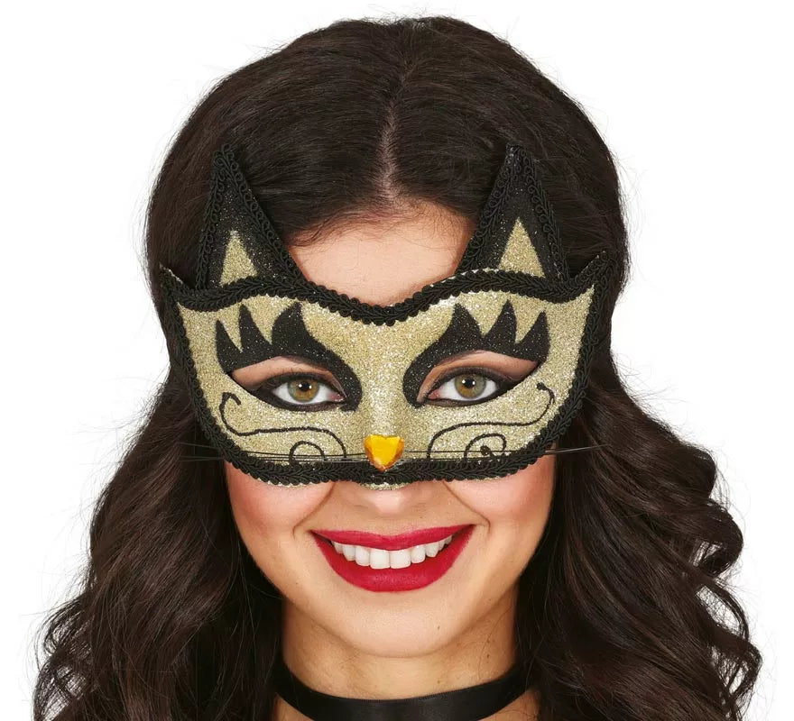 Antifaz de Gatita dorado con Purpurina adulto