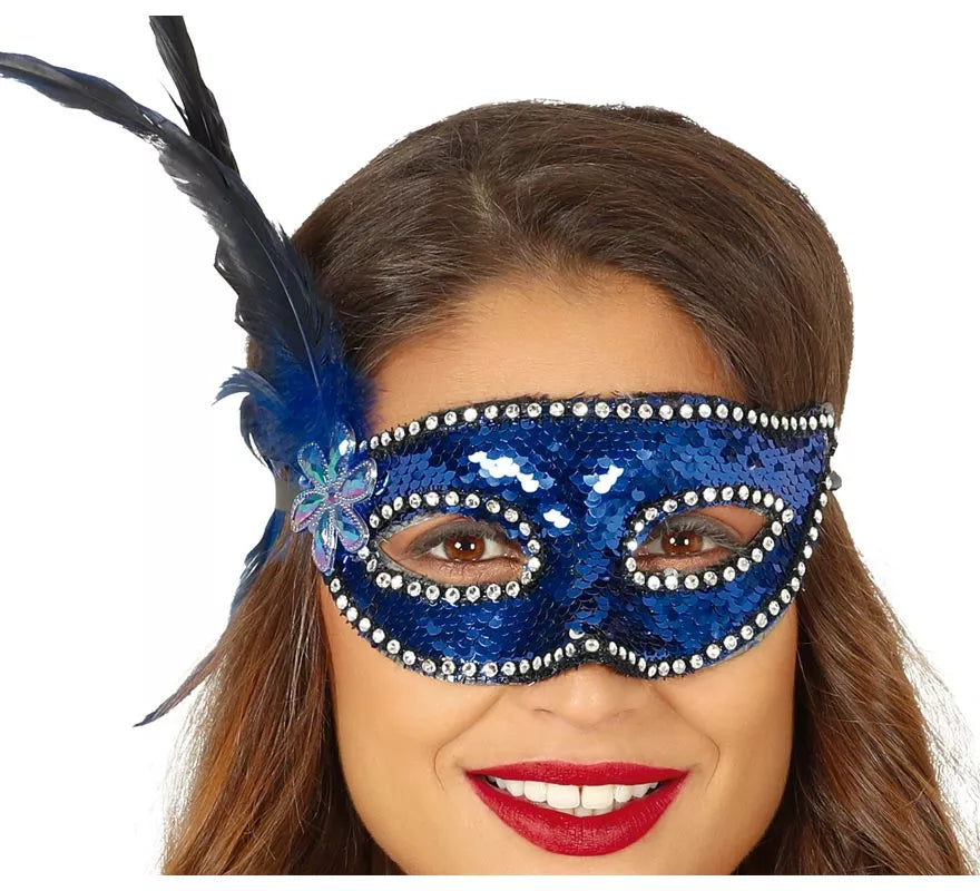 Antifaz de Lentejuelas Azul con Plumas