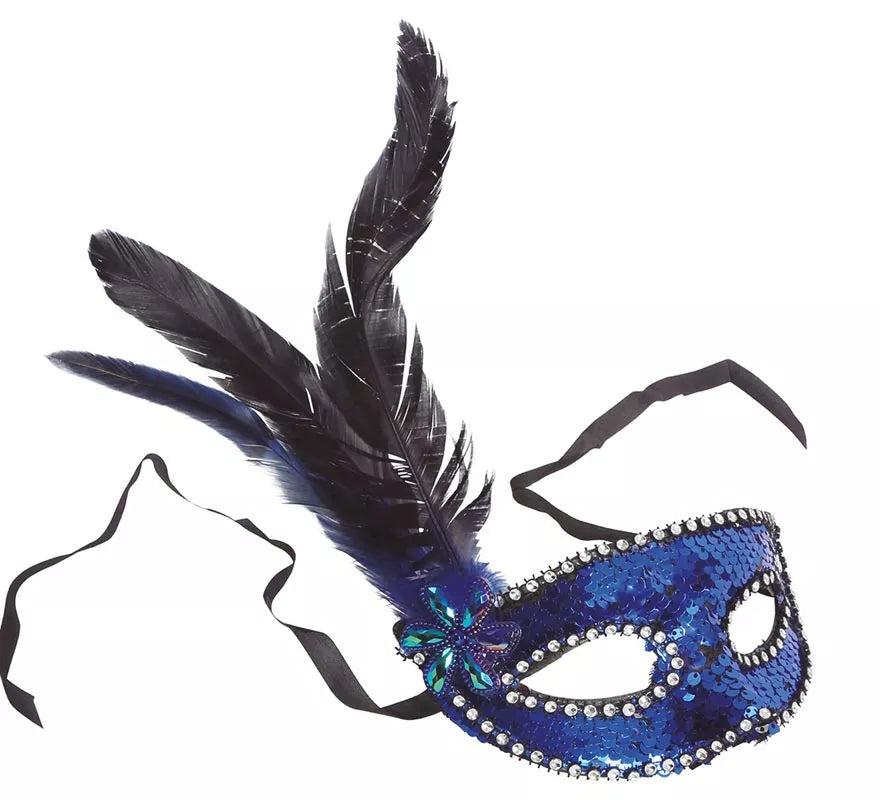 Antifaz de Lentejuelas Azul con Plumas