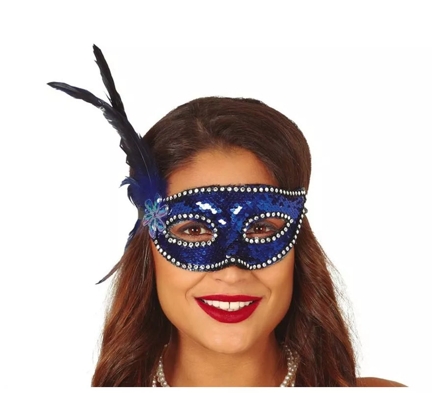 Antifaz de Lentejuelas Azul con Plumas
