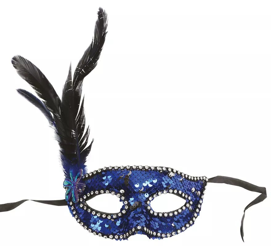 Antifaz de Lentejuelas Azul con Plumas