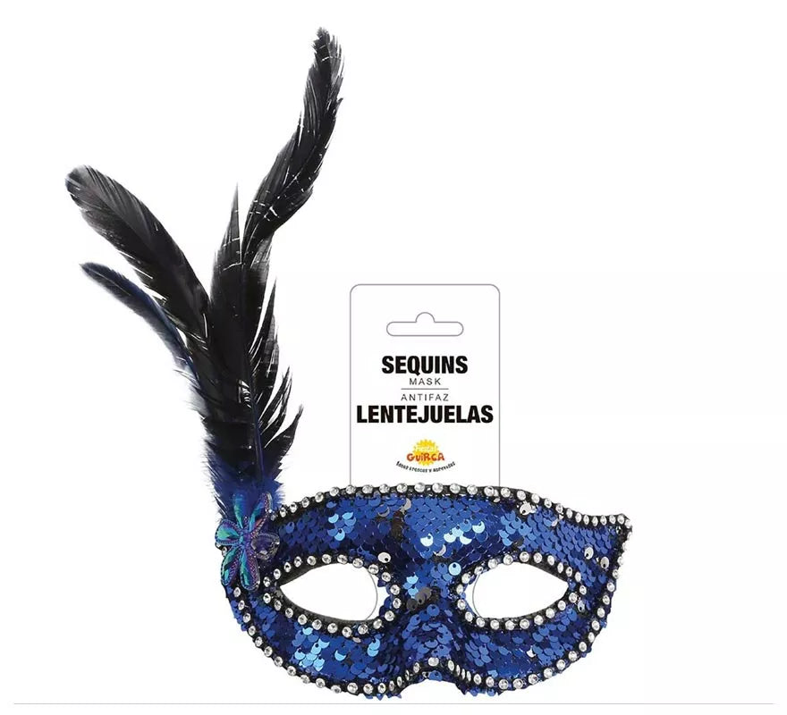 Translation missing: en.Antifaz de Lentejuelas Azul con Plumas