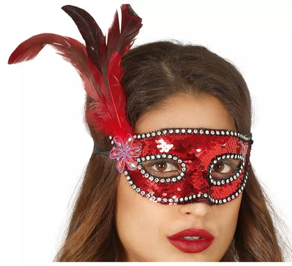 Antifaz de Lentejuelas Rojo con Plumas