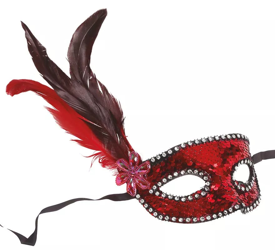 Antifaz de Lentejuelas Rojo con Plumas