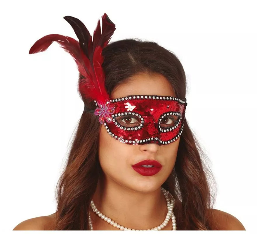 Translation missing: en.Antifaz de Lentejuelas Rojo con Plumas