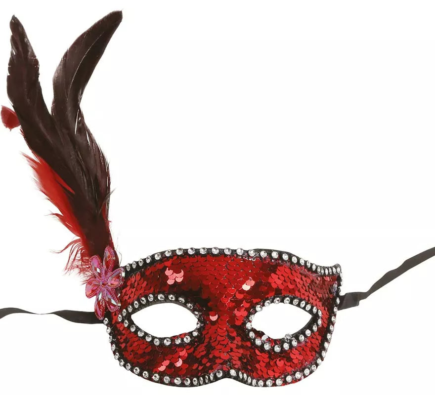 Translation missing: en.Antifaz de Lentejuelas Rojo con Plumas