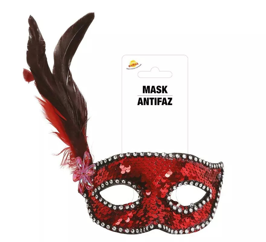 Translation missing: en.Antifaz de Lentejuelas Rojo con Plumas
