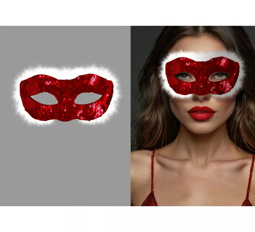 Antifaz de Mamá Noel con Lentejuelas rojas y Pelo blanco