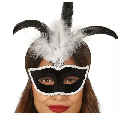 Antifaz de Terciopelo Negro con Plumas