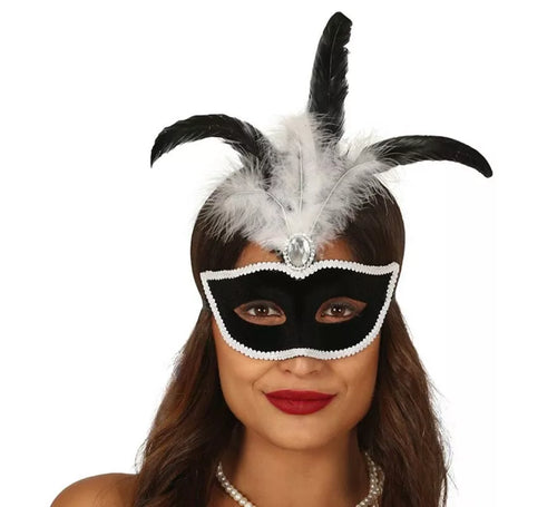 Antifaz de Terciopelo Negro con Plumas