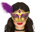Antifaz dorado y lila con Pluma adulto