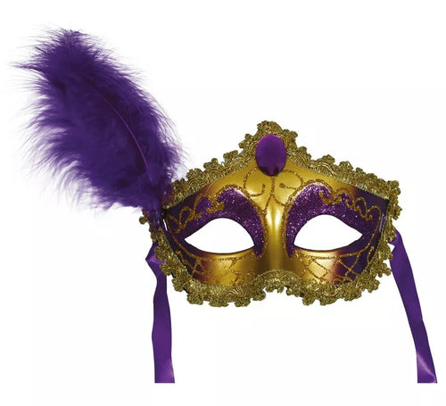 Antifaz dorado y lila con Pluma adulto