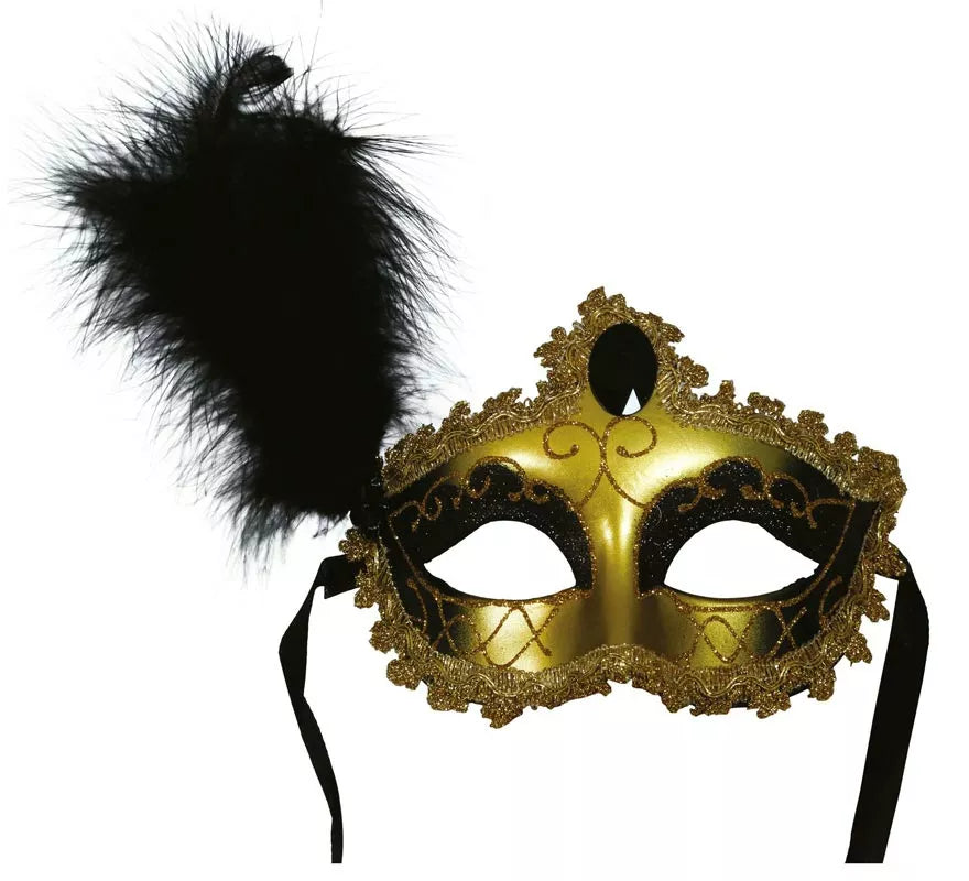 Antifaz dorado y negro con Pluma adulto