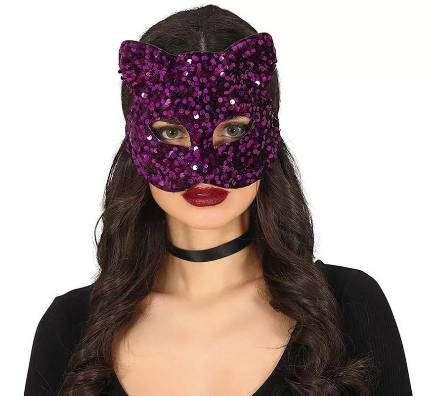 Antifaz Grande Gato con Lentejuelas Lila