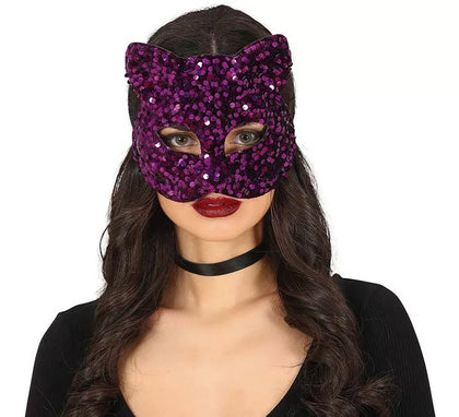 Antifaz Grande Gato con Lentejuelas Lila